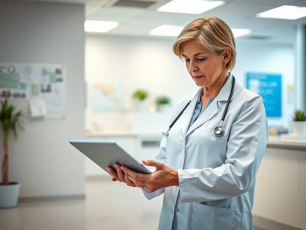 A healthcare professional using a tablet to manage appointments.