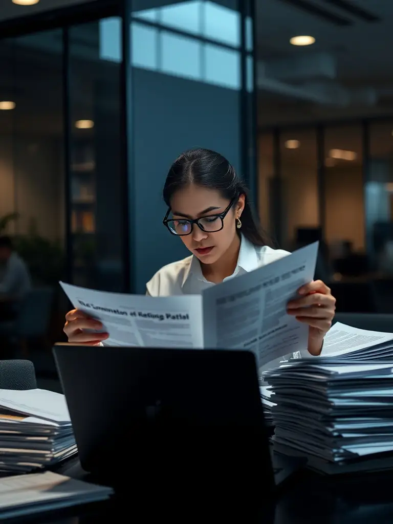 A compliance officer reviewing digital documents on a tablet.