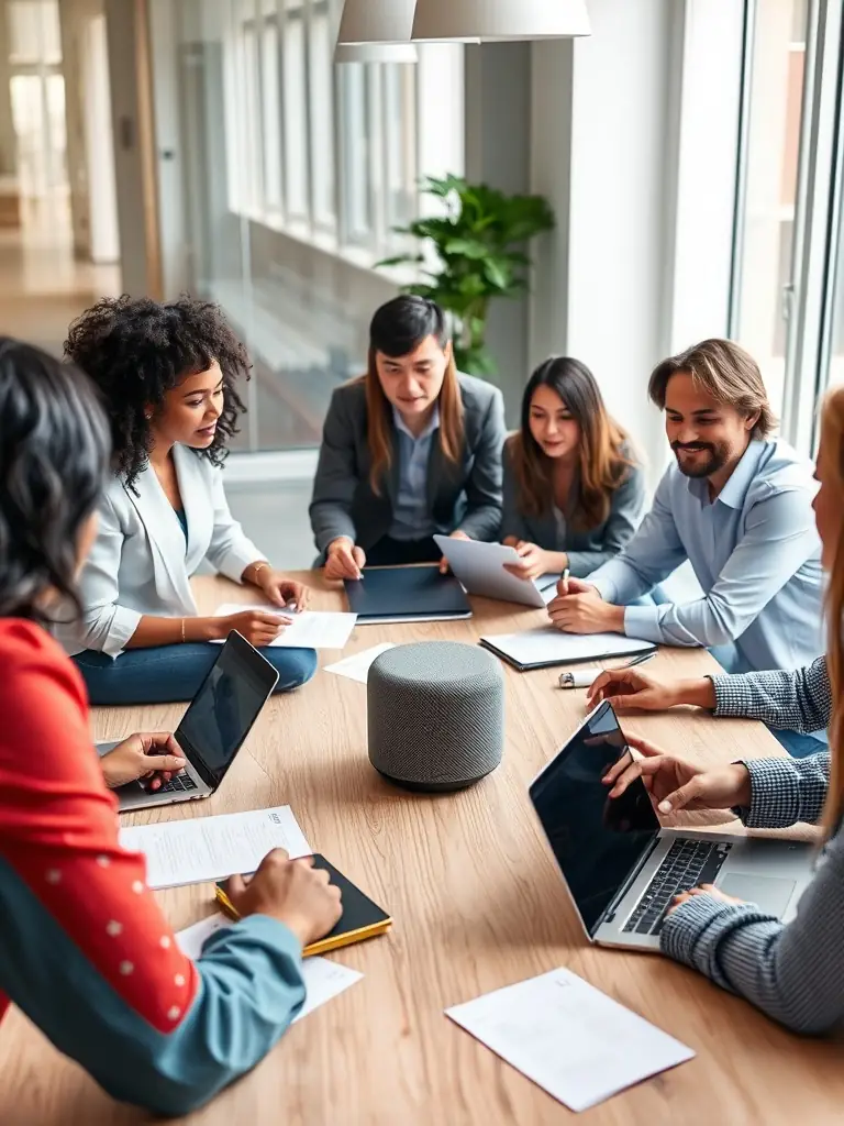 Diverse team discussing AI-driven insurance solutions in a modern office.