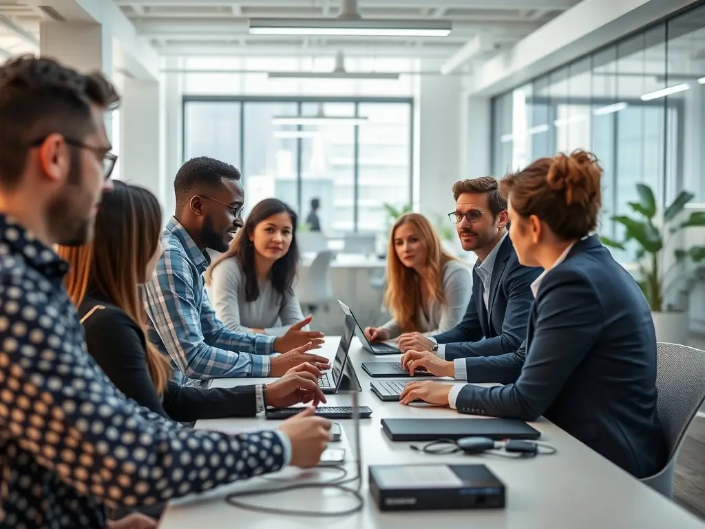 Professionals discussing AI solutions in a modern office setting.